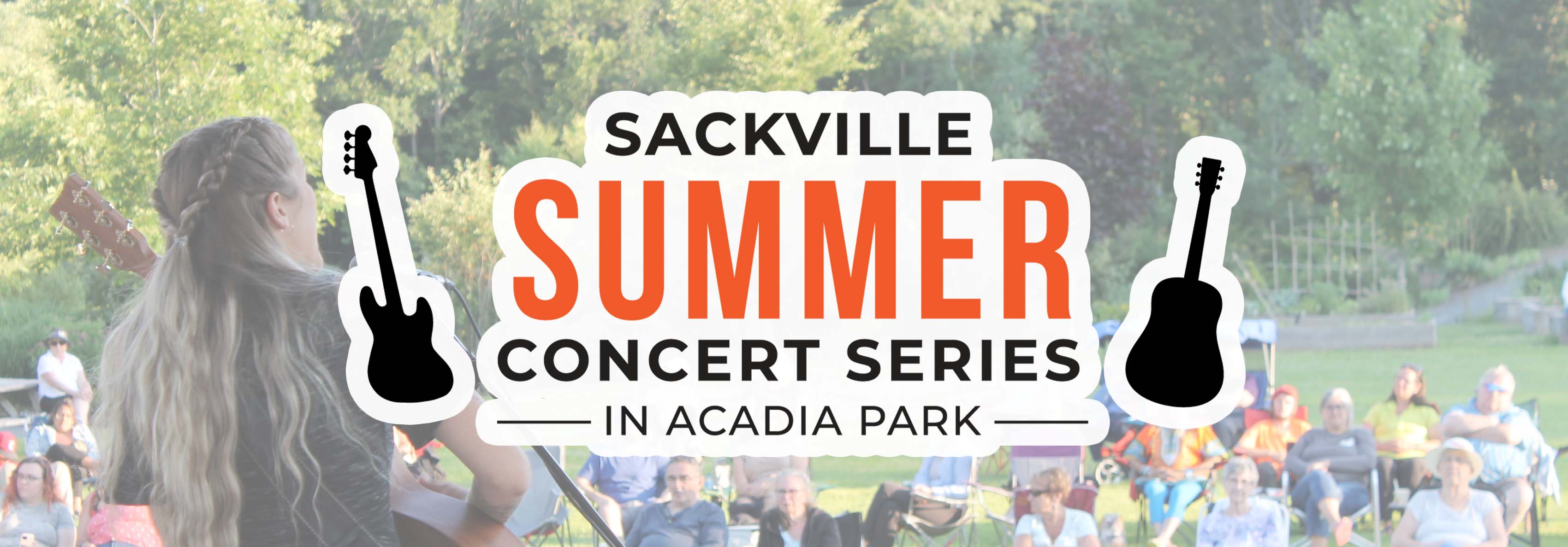 Kayla Mason plays for an audience in Acadia Park and text reads "Sackville Summer Concert Series in Acadia Park"