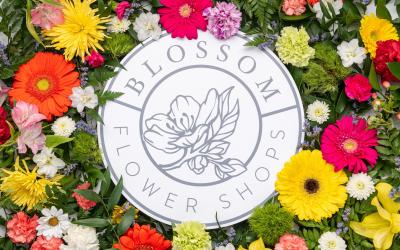 Blossom Shops logo surrounded by wall of colourful flowers.