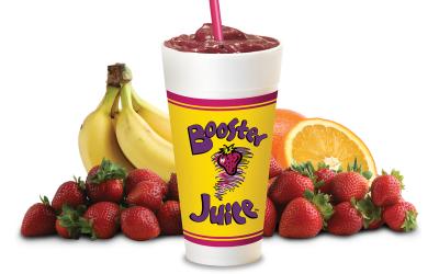 Booster Juice smoothie with fruit in the picture.
