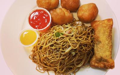 Chicken balls, noodles and an egg roll from Jinloong.