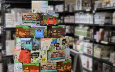Coffee pods and merchandise on display at Wheaton's