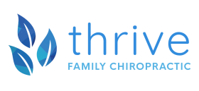 Thrive Family Chiropractic logo shows some leaves next to blue sans serif text.